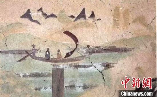 “一人搖櫓晃扁舟，兩人撐篙水上漂?！眻D為莫高窟第323窟《搖櫓帆船》（初唐）?！《鼗脱芯吭汗﹫D